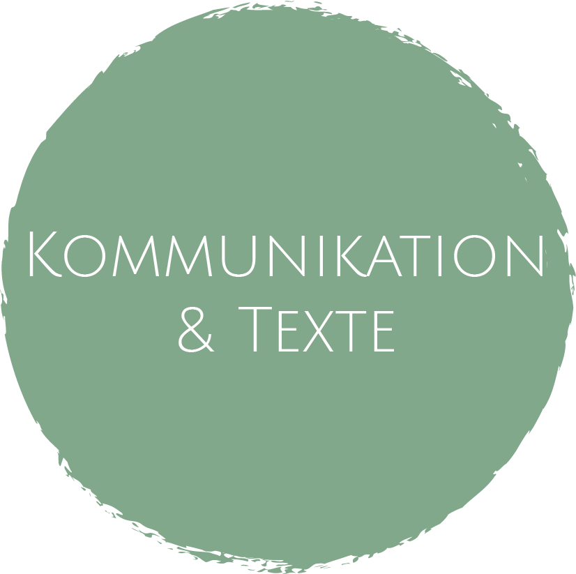 ein grüner Kreis und dem Text "Kommunikation & Text" in weißer Schrift
