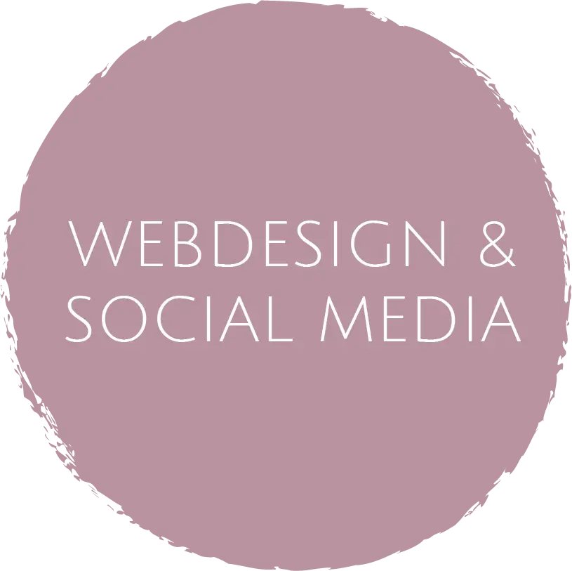 ein lila Kreis und dem Text "Webdesign & Social Media" in weißer Schrift